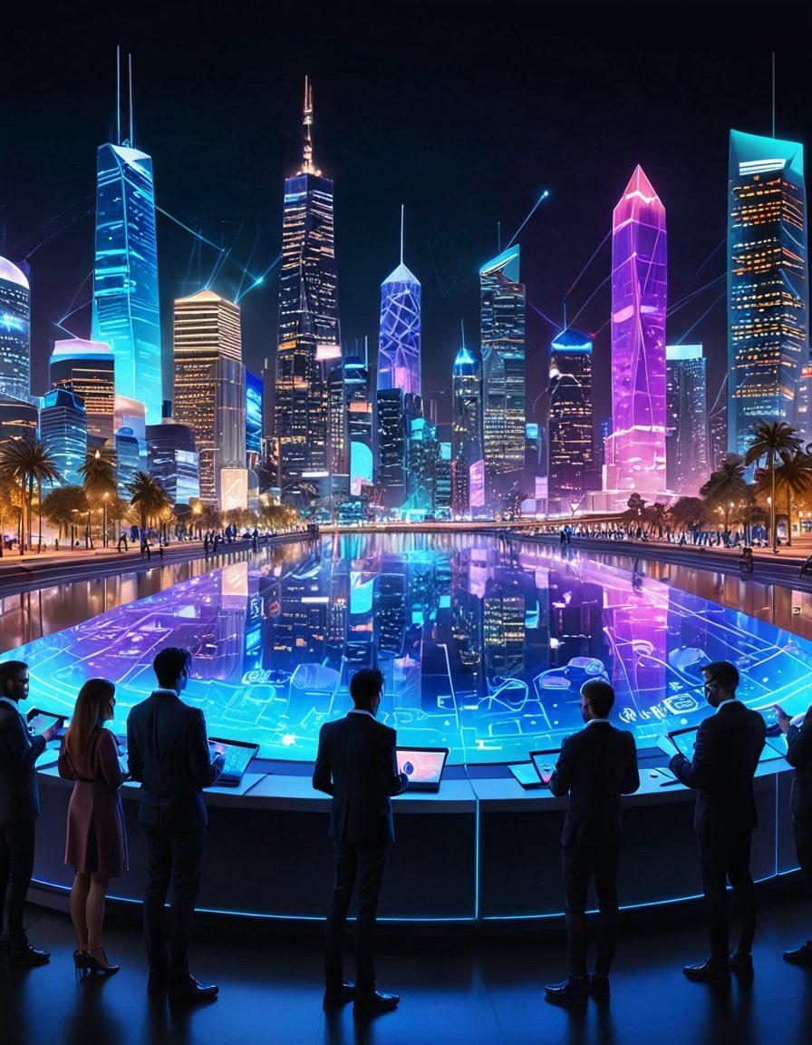 A futuristic digital landscape showcasing secure payment transactions with a strong emphasis on innovation. Include a diverse group of people using mobile devices for payments, surrounded by holographic representations of cryptocurrencies and data security elements. The background should feature a modern city skyline with vibrant neon lights. The atmosphere should feel dynamic and forward-thinking, creating a sense of trust and opportunity in fintech. super-realistic. vibrant colors. 3D.