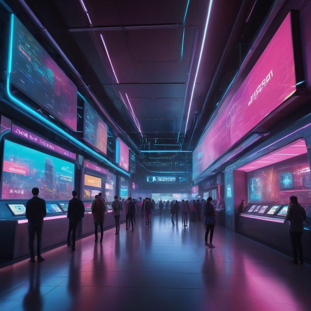 A futuristic illustration depicting a diverse group of people using digital wallets on their smartphones at a vibrant, modern marketplace with contactless payment terminals. Include visual elements like holographic screens displaying transaction data and digital currencies. Emphasize the seamless interaction between technology and commerce. Bright, engaging colors to evoke a sense of innovation and progress. cyberpunk. vibrant colors. 3D.